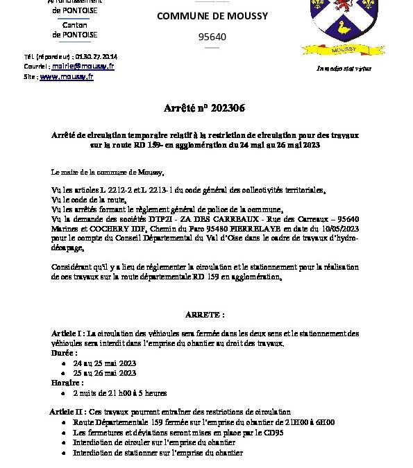 Arrêté 202306 – Arrêté de circulation temporaire – 24 mai au 26 mai 2023