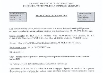 114- Autorisation de paiement pour régler les dépenses d’investissement avant le vote du budget 2025