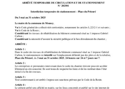 Arrêté 2025-01 Interdiction de stationnement place du prieuré