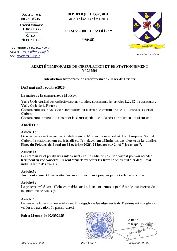 Arrêté 2025-01 Interdiction de stationnement place du prieuré