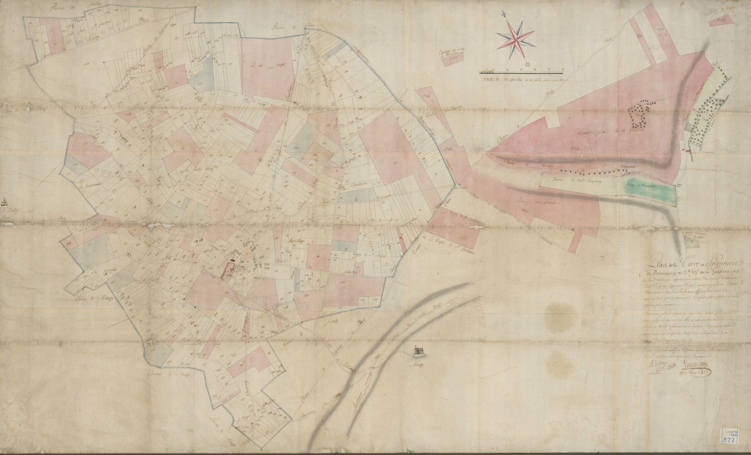 Plan de la terre et seigneurie de Bercagny et fief de la Gripière sise en Vexin français appartenante à l'hôtel-Dieu de Paris...", 15 mai 1750. Signé : Dubray [Pierre, arpenteur royal], et Le Cordier [officier de l'Hôtel-Dieu]