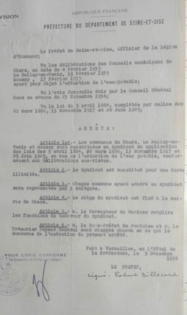 Arrêté préfectoral portant sur la création du syndicat intercommunal des eaux - Chars, Le-Bellay-en-Vexin et Moussy. 05/12/1936